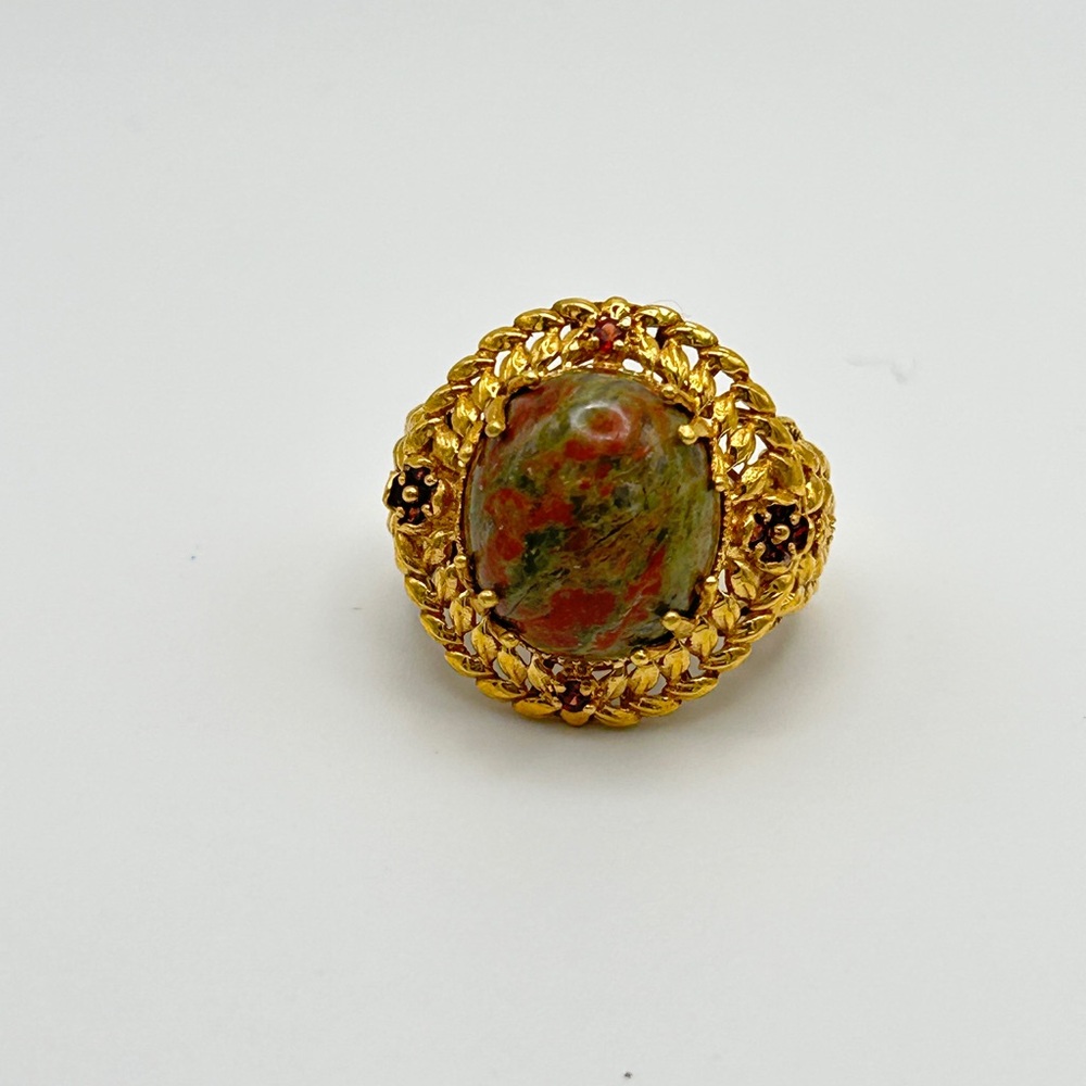 Unakite and Garnet Ring, Size 6.75, GbD